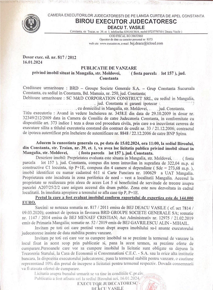 Publicatie de vanzare in dosar nr. 817/2012