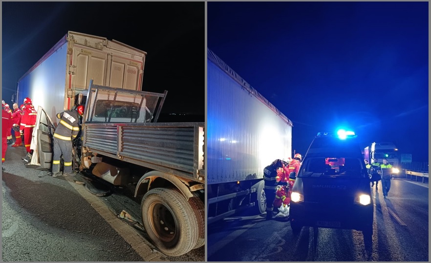 (FOTO) Accident cumplit pe A4, în zona Cumpăna: O autoutilitară a intrat într-un camion. Un tânăr este grav rănit